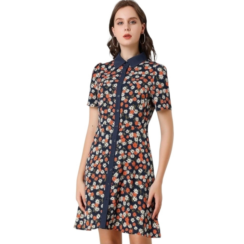 3/$30 AllegraK Button Down Point Collar A-Line AboveThe Knee Dress Blue/Floral